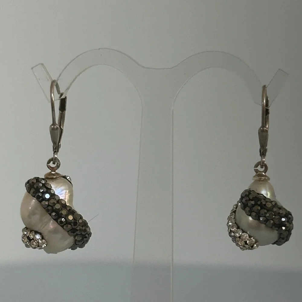 925 sterling silver real Pearl and Crystal Drop Earrings